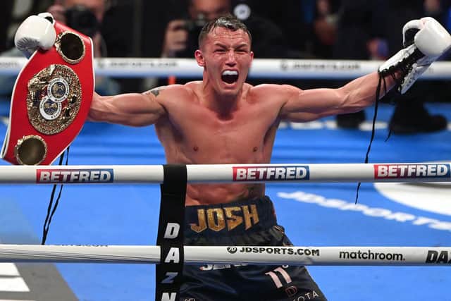 Josh Warrington celebrates after the IBF World Featherweight Title fight between Kiko Martinez and Josh Warrington at First Direct Arena on March 26, 2022  (Picture: Stu Forster/Getty Images)