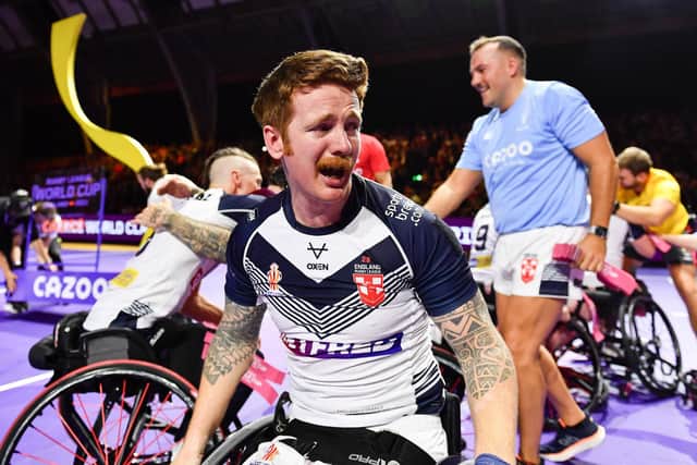 An emotional James Simpson-Hill reacts to England's victory over France in the Whelchair Rugby League World Cup final four years ago. Picture by Will Palmer/SWpix.com.
