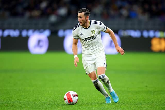 PERTH, AUSTRALIA - JULY 22: Jack Harrison of Leeds United looks to cross the ball during the Pre-Season friendly match between Leeds United and Crystal Palace at Optus Stadium on July 22, 2022 in Perth, Australia. (Photo by James Worsfold/Getty Images)