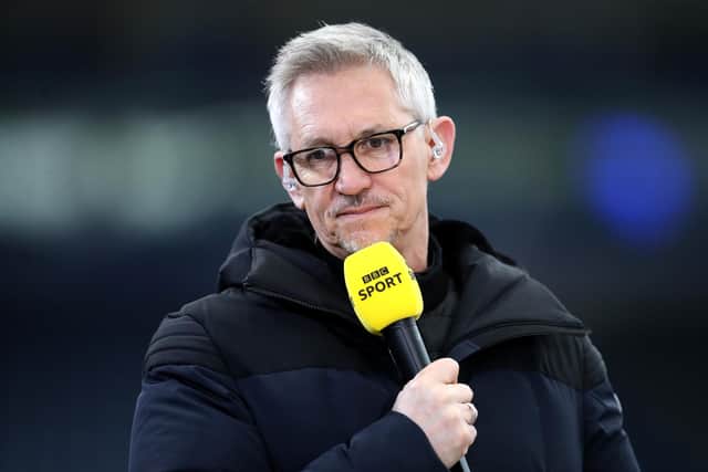 LEICESTER, ENGLAND - MARCH 21: Gary Lineker, BBC Sport TV Pundit looks on prior to the Emirates FA Cup Quarter Final  match between Leicester City and Manchester United at The King Power Stadium on March 21, 2021 in Leicester, England. Sporting stadiums around the UK remain under strict restrictions due to the Coronavirus Pandemic as Government social distancing laws prohibit fans inside venues resulting in games being played behind closed doors.  (Photo by Alex Pantling/Getty Images)