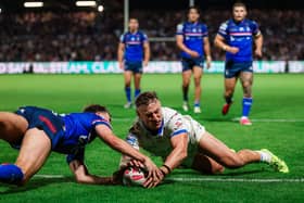 Chris Hankinson scores Leeds Rhinos' equalising try - setting up Jake Connor's winning goal - in Leeds Rhinos' 24-22 victory at Wakefield Trinity. Picture by Alex Whitehead/SWpix.com.