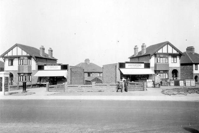 Whitecote Post Office on Leeds & Bradford Road. Also a general grocers, goods outside shop with blind down to protect them. next,no.430 detached house with shop premises, Arthur Parsons, newsagent. Pictured in August 1935.