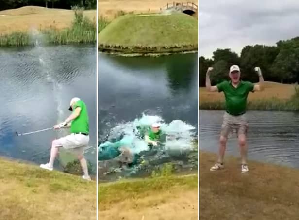 Anthony Jordan, 58, was playing the Nottinghamshire Golf and Country Club's Championship Course last week when he fell in the lake. Pictures: SWNS.