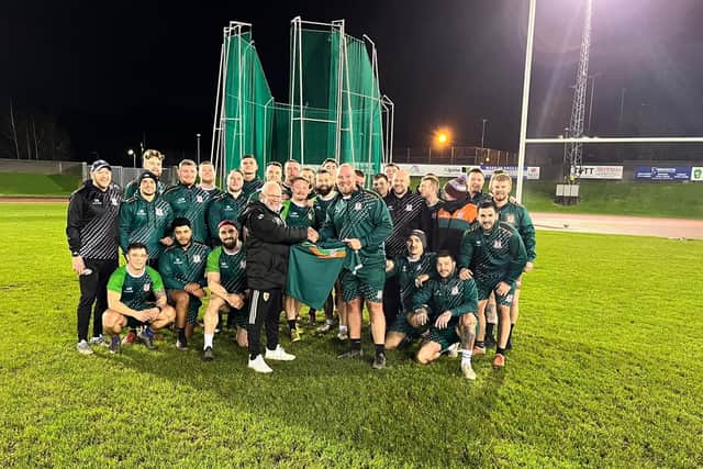 John Harbin receives a thank you gift after helping at a Hunslet pre-season training session. Picture by Alan Kilshaw/Hunslet RLFC.