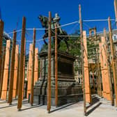 Making A Stand, a sculptural 'forest' comprising approximately 127 seven-metre-high timber fins from Douglas Fir Trees has taken root in the public square opposite Leeds railway station and the Queens Hotel. Photo: James Hardisty