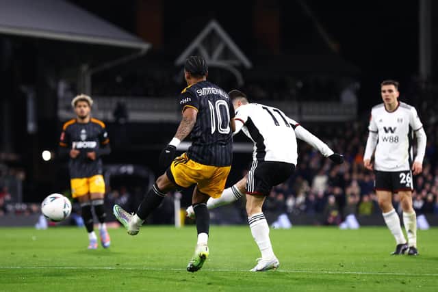DIFFERENCE: Manor Solomon nets Fulham's second clinical finish of the night to send Leeds United out of the FA Cup. Photo by Clive Rose/Getty Images.