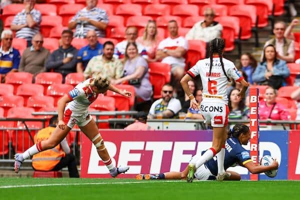 Sophie Robinson scores Rhinos' first try in their Women's Challenge Cup final defeat by St Helens at Wembley. Picture by Will Palmer/SWpix.com.