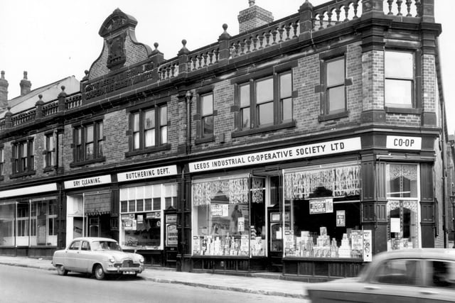 The Armley branch of the Leeds Industrial Co-operative Society Ltd pictured in June 1965. It features dry cleaning and the butchering department.