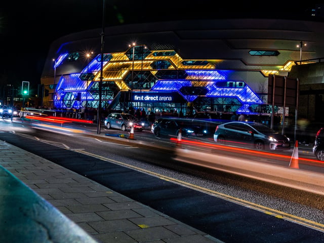 First Direct Arena in Leeds lit up in the Ukrainian colours of blue and yellow as a gesture of solidarity and support.