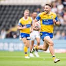 Leeds Rhinos' Jake Connor on his way to scoring against Hull FC last month. Picture by Allan McKenzie/SWpix.com.