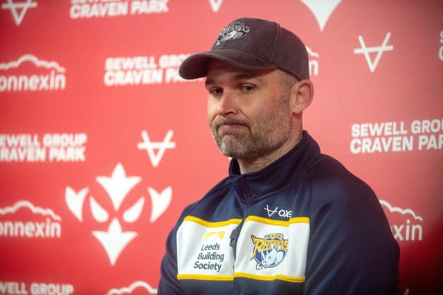 Rhinos coach Rohan Smith shows his disappointment in his post-match press conference.  Picture by Bruce Rollinson.