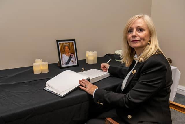 Pictured The Mayor of West Yorkshire, Tracy Brabin, signing the book of condolence in memory of HM Queen Elizabeth II.