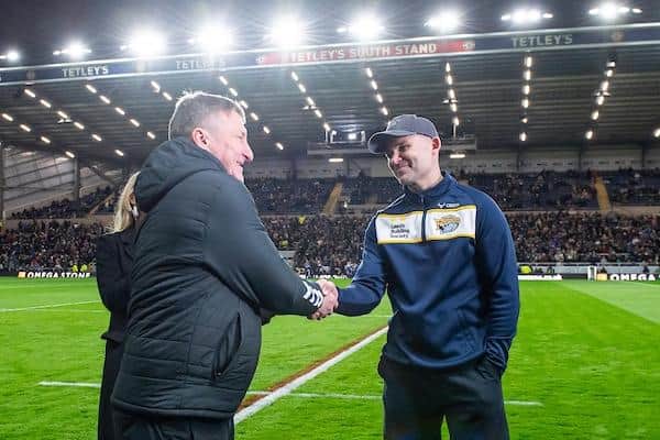 Rhinos coach Rohan Smith, right, with his uncle Tony Smith, the Hull boss, before the sides' meeting at Headingley in February. Picture by Allan McKenzie/SWpix.com.