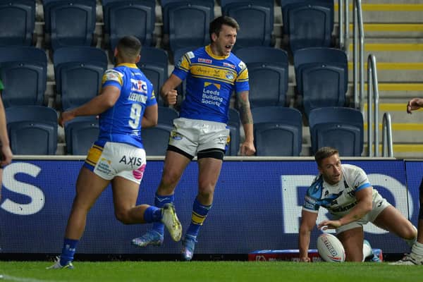 Tom Briscoe celebrates scoring against Toulouse in April. He was injured later in the game and hasn't played since.  Picture by Bruce Rollinson.