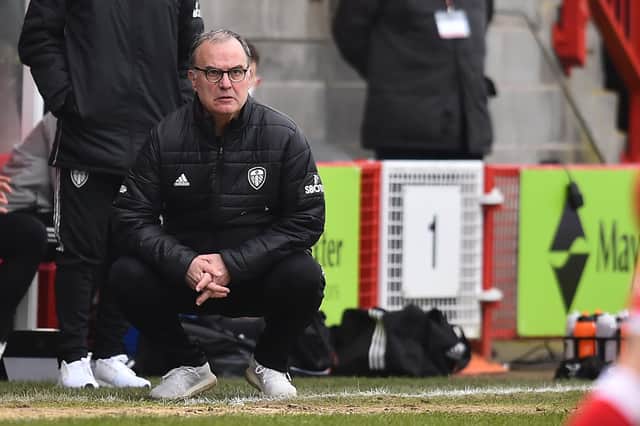 Leeds United's Argentinian head coach Marcelo Bielsa watches from the touchline during the English FA Cup third round tie against Crawley Town.