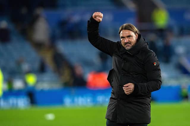 WINNING SALUTE: From Leeds United manager Daniel Farke at full time of Friday night's Championship clash against Leicester City at the King Power. 
Picture by Bruce Rollinson.
