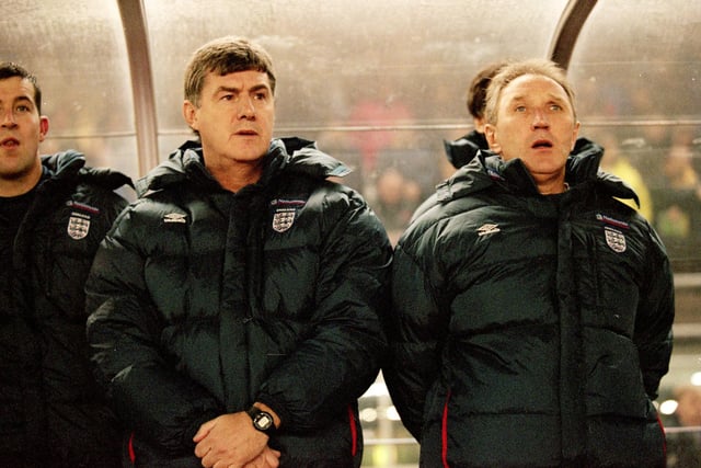 11 Oct 2000:  Temporary England coaches Brian Kidd (left) and Howard Wilkinson (right) look on during the World Cup 2002 Group 9 Qualifying match against Finland played at the Olympic Stadium, in Helsinki, Finland. The match ended in a 0-0 draw. \ Mandatory Credit: Shaun Botterill /Allsport