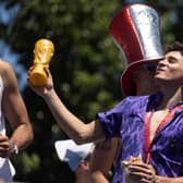 CELEBRATING: Manchester City star and Argentina World Cup winner Julian Alvarez in downtown Buenos Aires. Photo by TOMAS CUESTA/AFP via Getty Images.