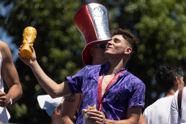 CELEBRATING: Manchester City star and Argentina World Cup winner Julian Alvarez in downtown Buenos Aires. Photo by TOMAS CUESTA/AFP via Getty Images.
