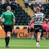 New Wakefield signing Josh Griffin is sent off by referee Chris Kendall in what was his final game for Hull FC. Picture by Alex Whitehead/SWpix.com.