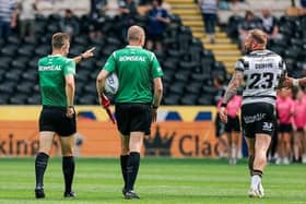 New Wakefield signing Josh Griffin is sent off by referee Chris Kendall in what was his final game for Hull FC. Picture by Alex Whitehead/SWpix.com.