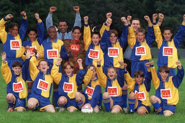 A new junior football team was launched in the city - North Leeds U-13s. Pictured, back row from left, are Bernard Clarke (manager) and Alex Worth (general manager of sponsors McDonalds in the St John's Centre). Middle row, from left, are Nathan Peters, Daniel Hardwick, Delroy Furgerson, Lance Clarke, Ryan Lau, Damon Jenkinson, Cristy Rawnsley and Jermaine Clarke. Front row, from left., are Mathew Ogden (vice-captain), Carl Matthews, Daniel Jenkinson, Harry Catterill (captain), Lee Hartley, Andrew Michaels and Richard Gardener.