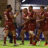 The current league leaders are 2/1 join favourites to win at Old Trafford. Picture shows Matt Whitley celebrating after scoring against Warrington.
