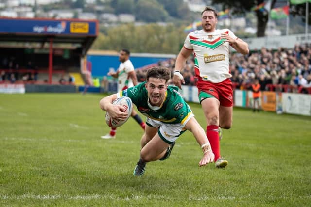 Ethan Wood scores for Hunslet in last week's League One play-off final win at Keighley Cougars. Picture by Craig Irvine/Hunslet RLFC.