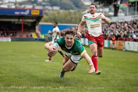 Ethan Wood scores for Hunslet in last week's League One play-off final win at Keighley Cougars. Picture by Craig Irvine/Hunslet RLFC.