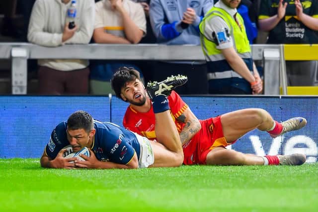Leeds Rhinos winger Ryan Hall scores his second try in last week's 46-4 defeat of Catalans Dragons. Picture by Allan McKenzie/SWpix.com.