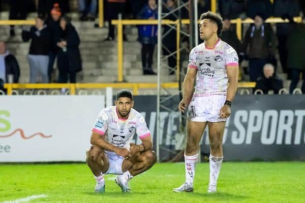 Nene McDonald and Derrell Olpherts reflect on Rhinos' defeat at Castleford Tigers. Picture by Allan McKenzie/SWpix.com.