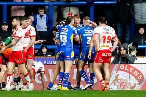 Leeds Rhinos celebrate the try by Luis Roberts which gave them an early lead agianst St Helens. Picture by Allan McKenzie/SWpix.com.