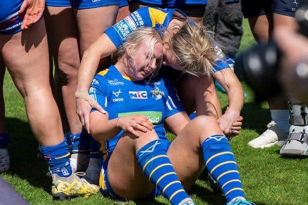 An exhausted but delighted Keara Bennett after Leeds Rhinos booked a return to Wembley by beating Wigan Warriors in Sunday's Women's Challenge Cup semi-final at St Helens. Picture by Olly Hassell/SWpix.com.