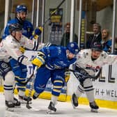 TOUGH NIGHT: Leeds Knights' Owen Sobchak and Matt Bissonnette (far left) battle for possession during Saturday's 5-3 home loss against Peterborough Phantoms. Picture: Alistair How.Knights Media.