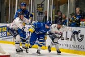 TOUGH NIGHT: Leeds Knights' Owen Sobchak and Matt Bissonnette (far left) battle for possession during Saturday's 5-3 home loss against Peterborough Phantoms. Picture: Alistair How.Knights Media.