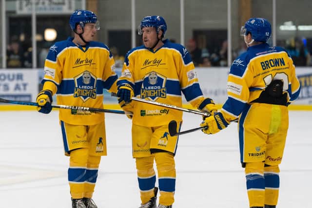 LEADING LIGHT: Matt Haywood (centre) has been an influential figure both on and off the ice in his first season with Leeds Knights. Picture courtesy of Oliver Portamento