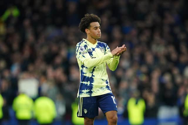 Leeds United's Tyler Adams applauds the fans following the Premier League match at Goodison Park, Liverpool. Picture date: Saturday February 18, 2023.