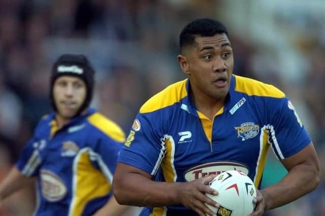 Ali Lauitiiti on the ball for Leeds in 2004, with Rob Burrow in the background. Picture by James Hardisty.