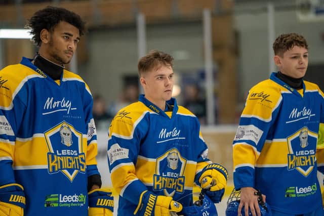 READY, WILLING AND ABLE: Carter Hamill (centre) lines up alongside his Leeds Knights team-mates, including Dmarni James (left) ahead of the recent Elland Road clash against Bees IHC at Elland Road. Picture courtesy of Oliver Portamento.
