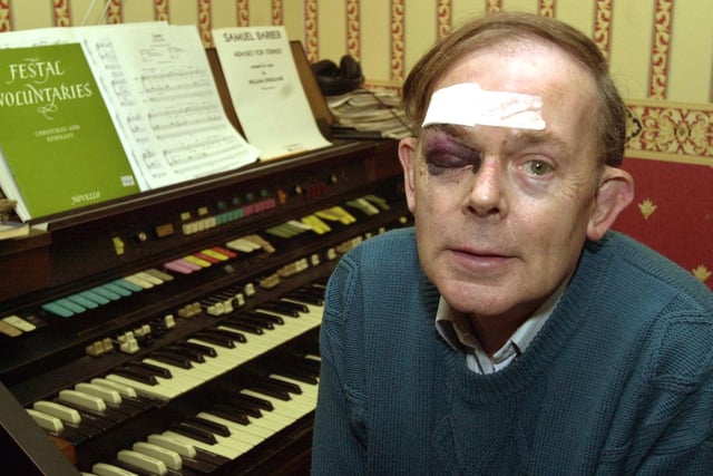 This is Roy Metcalfe who was attacked by burglars in his Halton Moor home in November 2000. He still found the strength to play the organ at three church services in the community.