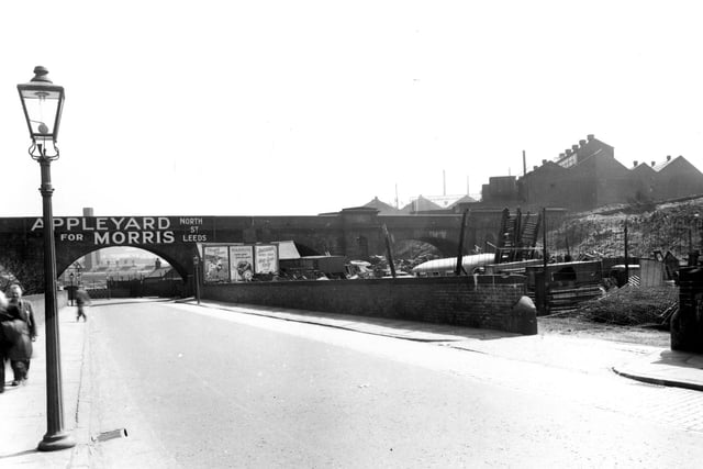 Viaduct Road in Armley which passes under the L.N.E.R railway track. Pictured in May 1956.