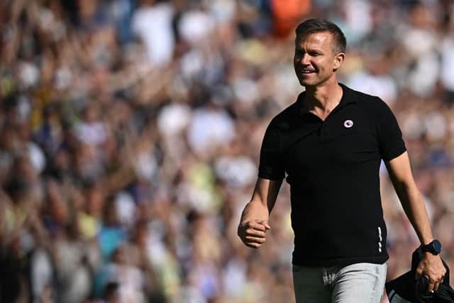 Leeds United's US head coach Jesse Marsch celebrates after winning at the end of the English Premier League football match between Leeds United and Chelsea at Elland Road in Leeds, northern England, on August 21, 2022. - Leeds won 3 - 0 against Chelsea.