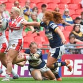 Shona Hoyle on the attack for St Helens against Rhinos at Wembley in August. Picture by Matthew Merrick/SWpix.com.