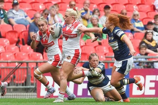 Shona Hoyle on the attack for St Helens against Rhinos at Wembley in August. Picture by Matthew Merrick/SWpix.com.