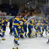 DOUBLE DELIGHT: Leeds Knights' players celebrate winning the NIHL National play-off title at Coventry's SkyDome Arena on Sunday night. Picture: Chris Callaghan/Blueline