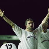 27 Sep 2001:  Joy for Robbie Keane of Leeds as he scores a goal during the UEFA Cup Round One match between Leeds United and Maritimo played at Elland Road in Leeds, England.  Leeds won the match 3 - 0. \ Mandatory Credit: Clive Brunskill /Allsport