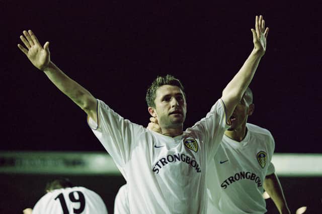 27 Sep 2001:  Joy for Robbie Keane of Leeds as he scores a goal during the UEFA Cup Round One match between Leeds United and Maritimo played at Elland Road in Leeds, England.  Leeds won the match 3 - 0. \ Mandatory Credit: Clive Brunskill /Allsport