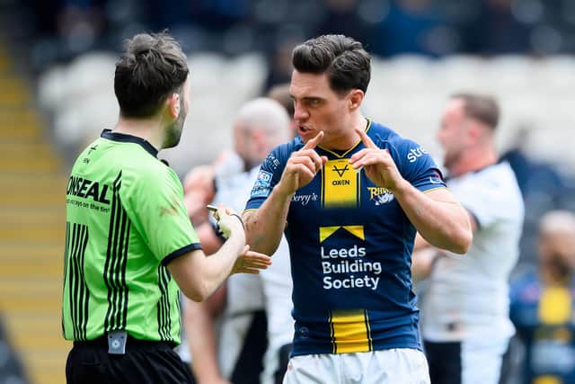 Leeds Rhinos' Brodie Croft makes a point to referee Liam Moore during last week's loss at Hull FC. Picture by Allan McKenzie/SWpix.com.