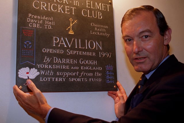 The opening of Barwick-in-Elmet's new pavilion in September 1997 was marked with a plaque. Pictured is club president David Hall CBE.