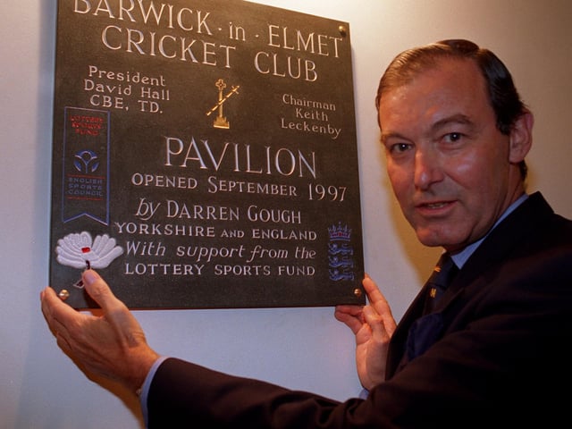 The opening of Barwick-in-Elmet's new pavilion in September 1997 was marked with a plaque. Pictured is club president David Hall CBE.
